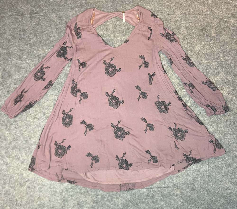 Free People Women's Purple Embroidered Floral Boho Tunic Dress Open Back Size S